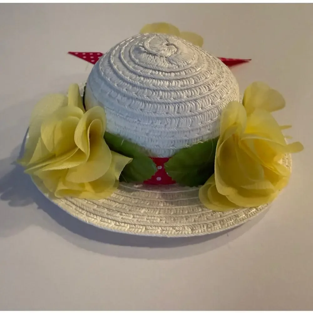 White Straw Miniature Dog Sun Hat Yellow Flowers Red Polka Dot Ribbon Easter